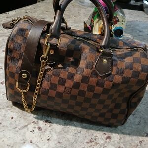 Elegant Brown Checkered Satchel with Gold Chain